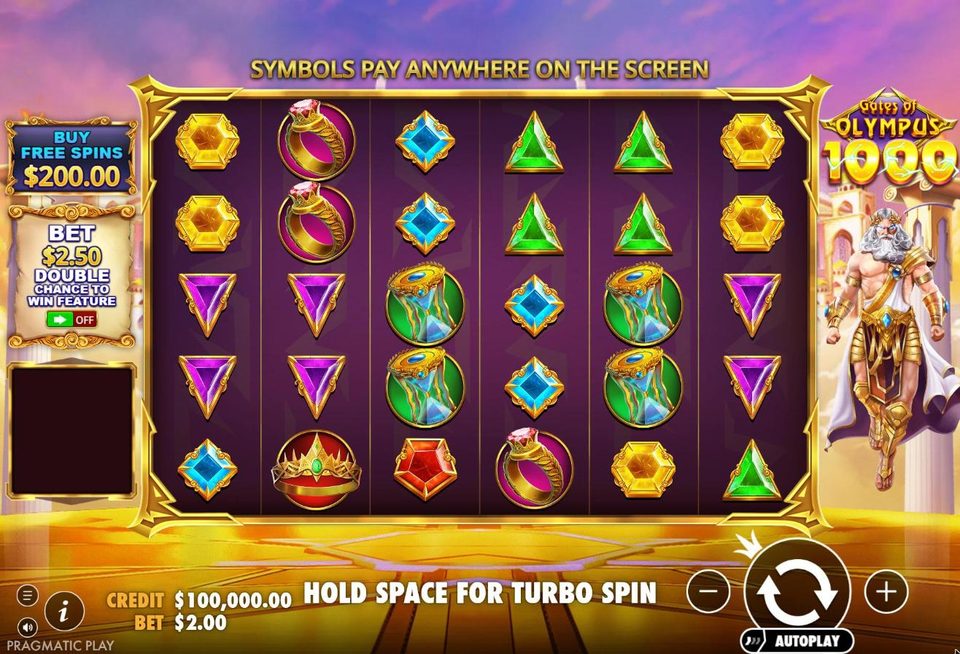 The Gates of Olympus 1000 base game on desktop: the 6 by 5 grid under the line Symbols pay anywhere on the screen, a Buy Free Spins button for 200 dollars and a 2.50 dollar ante switch set to off on the left, Zeus and the 1000 logo on the right, and a 2 dollar bet at the bottom.
