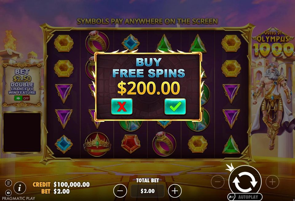 The Gates of Olympus 1000 Buy Free Spins window over the grid, asking to confirm a 200 dollar purchase at a 2 dollar bet.