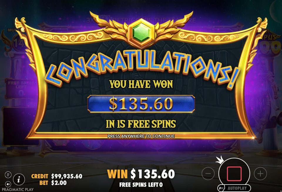 Gates of Olympus 1000 end screen: 135.60 dollars won in 15 free spins.