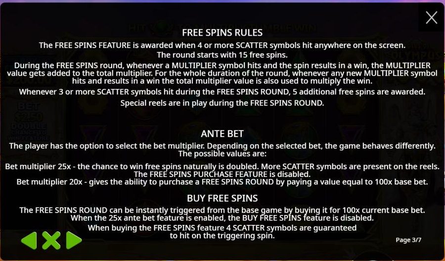 Page 3 of the Gates of Olympus 1000 rules, describing the free spins round, the ante bet and the buy free spins feature.