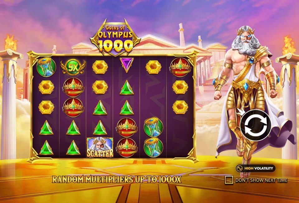 Gates of Olympus 1000 intro screen: Zeus stands beside a 6 by 5 grid of crowns, gems, a 5x winged orb and a Zeus scatter, under the 1000 logo and a cloud temple, with the line Random multipliers up to 1000x and a high volatility badge.