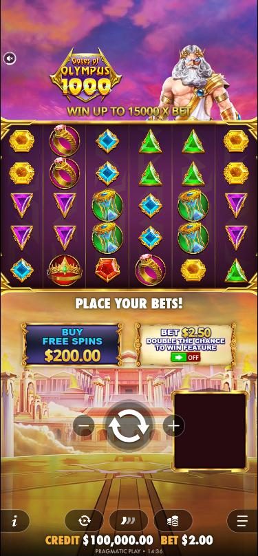 The Gates of Olympus 1000 base game on a phone: the logo, Zeus and the line Win up to 15000 x bet above the grid, with the 200 dollar Buy Free Spins button, the 2.50 dollar ante switch and the spin button below it.