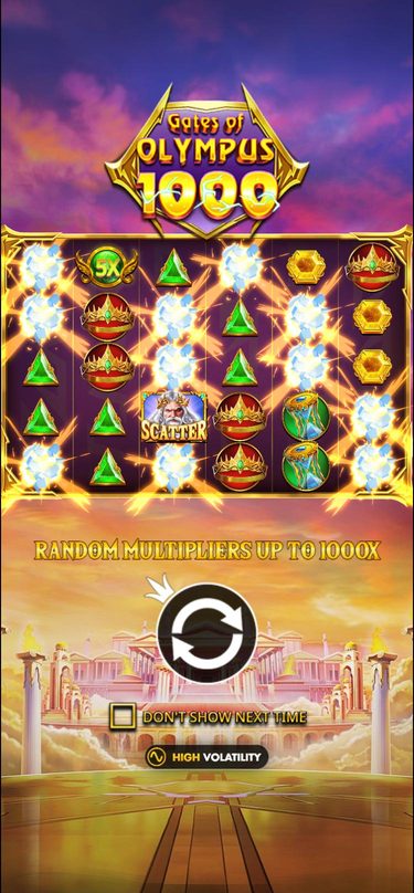 The Gates of Olympus 1000 intro screen on a phone: the logo above the grid, lightning across the reels, the line Random multipliers up to 1000x and a high volatility badge at the bottom.