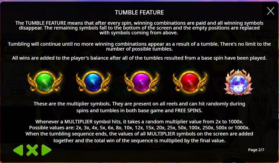 The tumble feature page of the Gates of Olympus 1000 rules: green, blue, purple and red winged orbs and a fifth crystal orb in a pink and gold laurel frame, above the list of multiplier values from 2x to 1000x.
