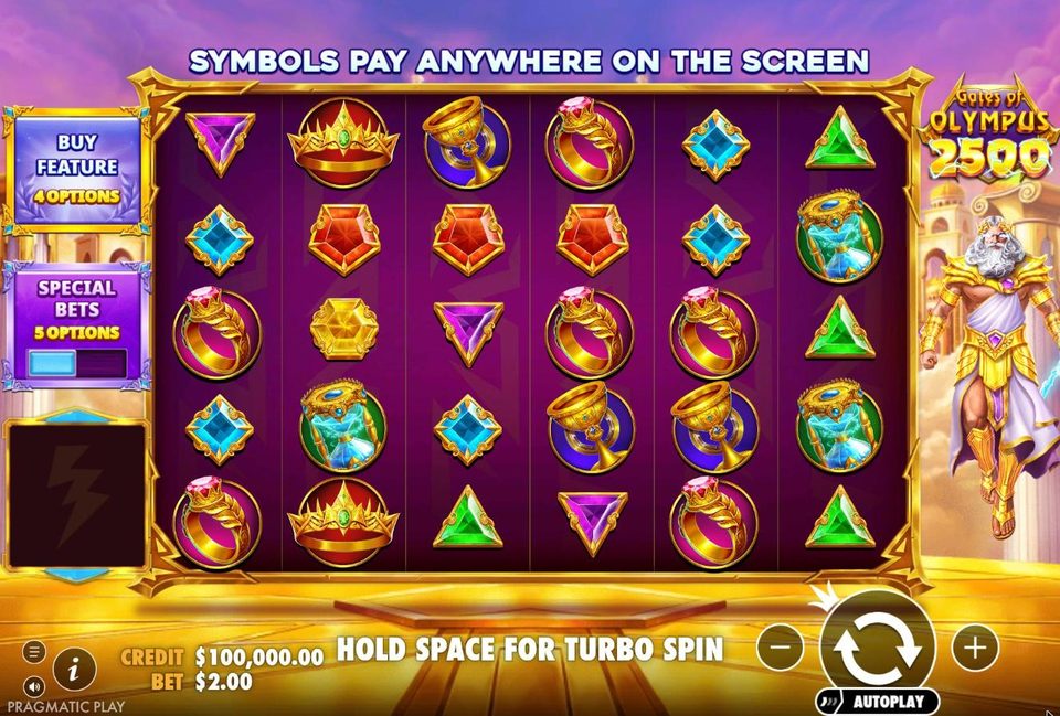 The Gates of Olympus 2500 base game on desktop: Buy Feature with 4 options and Special Bets with 5 options to the left of the 6 by 5 grid, the logo and Zeus to the right, and 100,000 dollars of demo credit with a 2 dollar bet at the bottom.