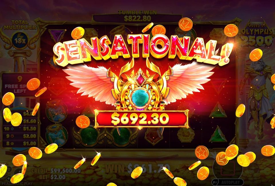 A Sensational win pop-up for 692.30 dollars covers the Gates of Olympus 2500 grid, while the tumble win counter above it reads 822.80 dollars and the total multiplier shows 18x.