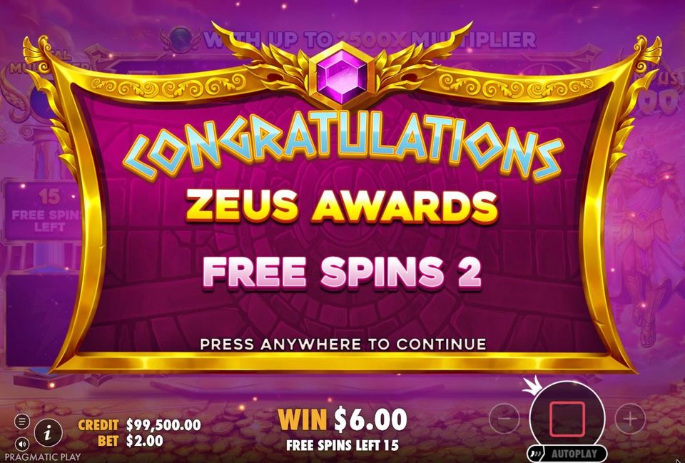 Gates of Olympus 2500 award screen reading Congratulations, Zeus awards Free Spins 2, with 15 free spins left.