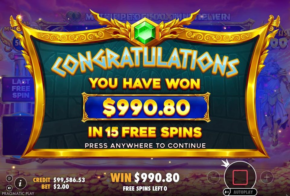 Gates of Olympus 2500 end screen: 990.80 dollars won in 15 free spins.