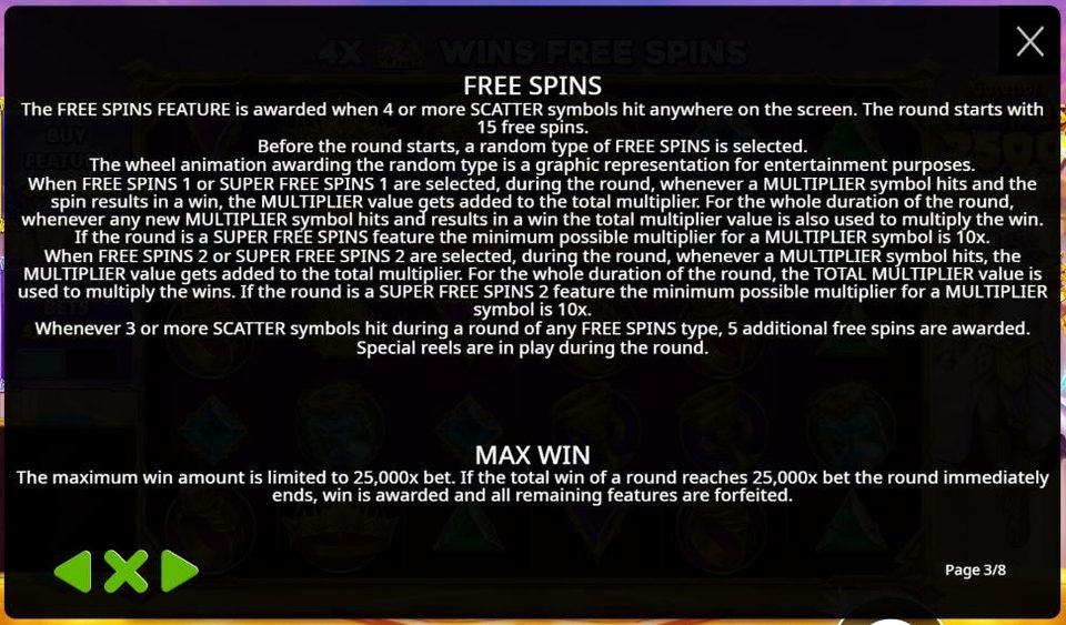 Page 3 of the Gates of Olympus 2500 rules, explaining that 4 or more scatters award 15 free spins of a randomly selected type, how the total multiplier works in Free Spins 1 and 2 and their Super versions with a 10x minimum, the 5 extra spins for 3 scatters, and the 25,000x max win.