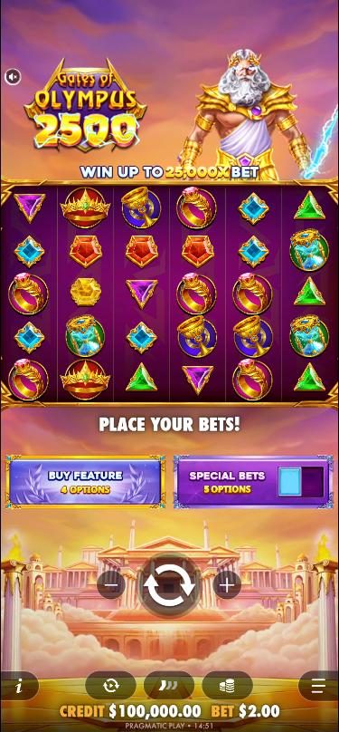 The Gates of Olympus 2500 base game on a phone held upright: the logo, Zeus and Win up to 25,000x bet above the grid, Buy Feature and Special Bets buttons below it, then the spin controls and a 2 dollar bet.