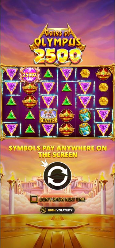 The Gates of Olympus 2500 intro screen on a phone: the logo above the grid, a pink 2500x crystal orb in the second column, the line Symbols pay anywhere on the screen and a high volatility badge below.