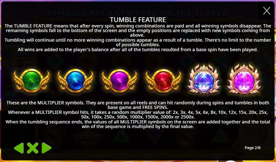 The tumble feature page of the Gates of Olympus 2500 rules, showing four winged orbs in green, blue, purple and red, two crystal orbs in laurel frames, and the list of multiplier values from 2x to 2500x.