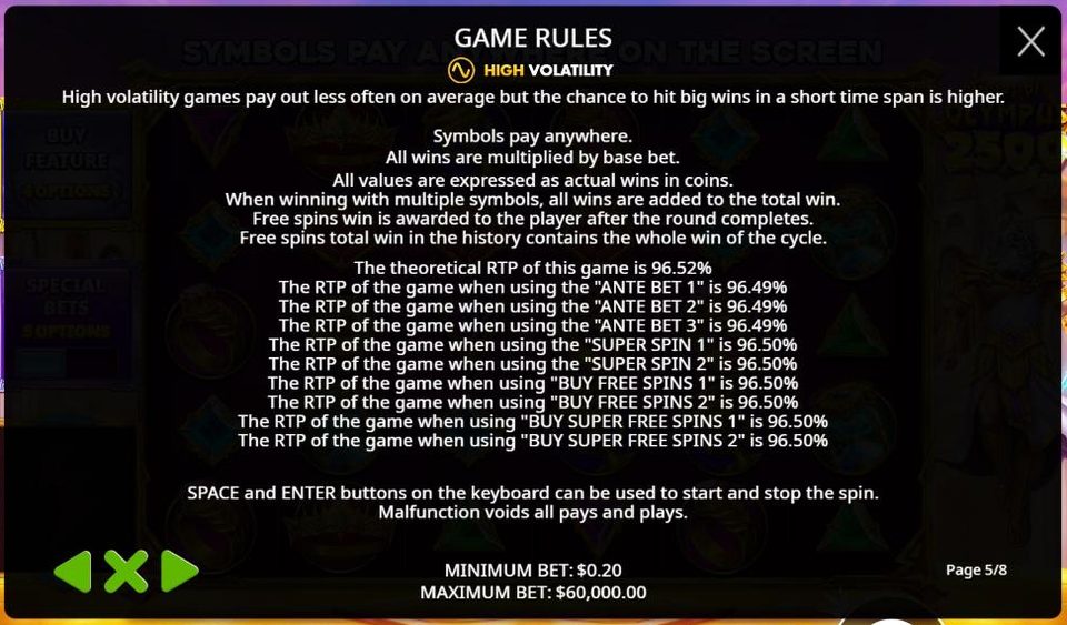The Gates of Olympus 2500 rules page with a high volatility rating, a base RTP of 96.52 percent and the RTP of each ante bet, Super Spin and bonus buy.