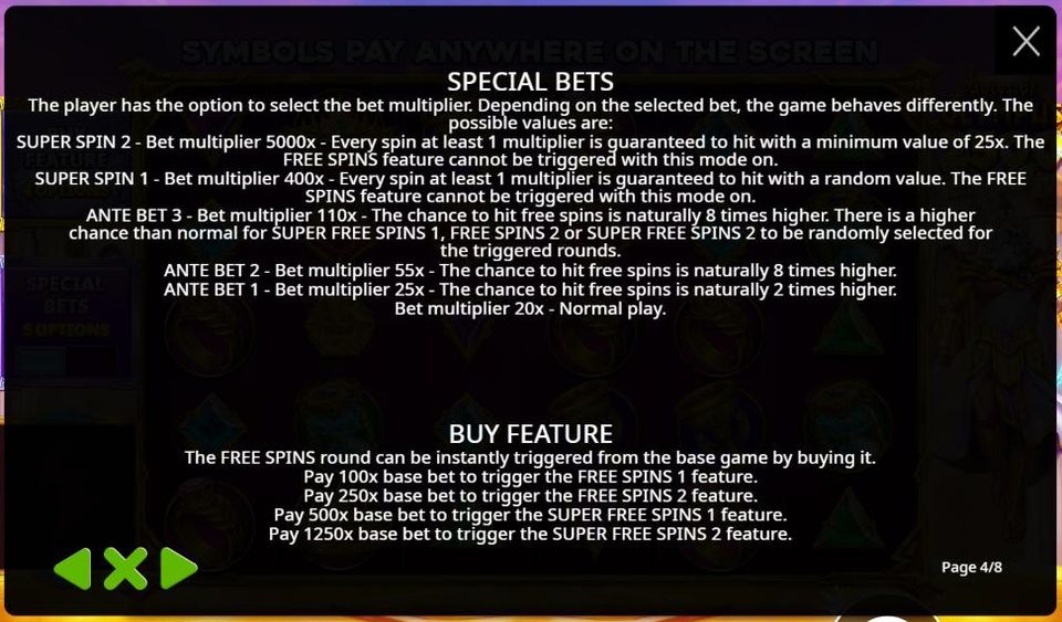 Page 4 of the Gates of Olympus 2500 rules, listing each special bet with its bet multiplier and effect, normal play at a 20x bet multiplier, and the four buy feature prices of 100x, 250x, 500x and 1250x the base bet.