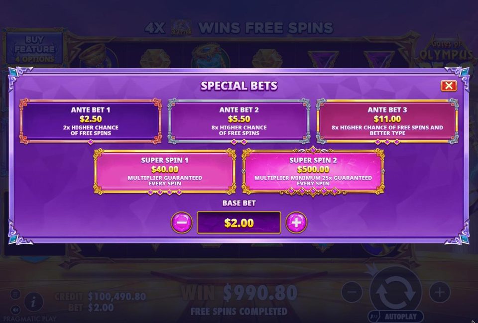The Gates of Olympus 2500 Special Bets window at a 2 dollar base bet: Ante Bet 1 for 2.50, Ante Bet 2 for 5.50, Ante Bet 3 for 11.00, Super Spin 1 for 40.00 and Super Spin 2 for 500.00, each with a short description of its effect.