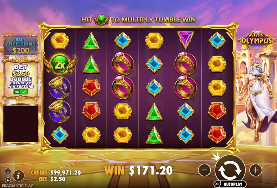 Gates of Olympus with the ante bet switched on: the bet shows 2.50 dollars and the buy free spins button is greyed out.
