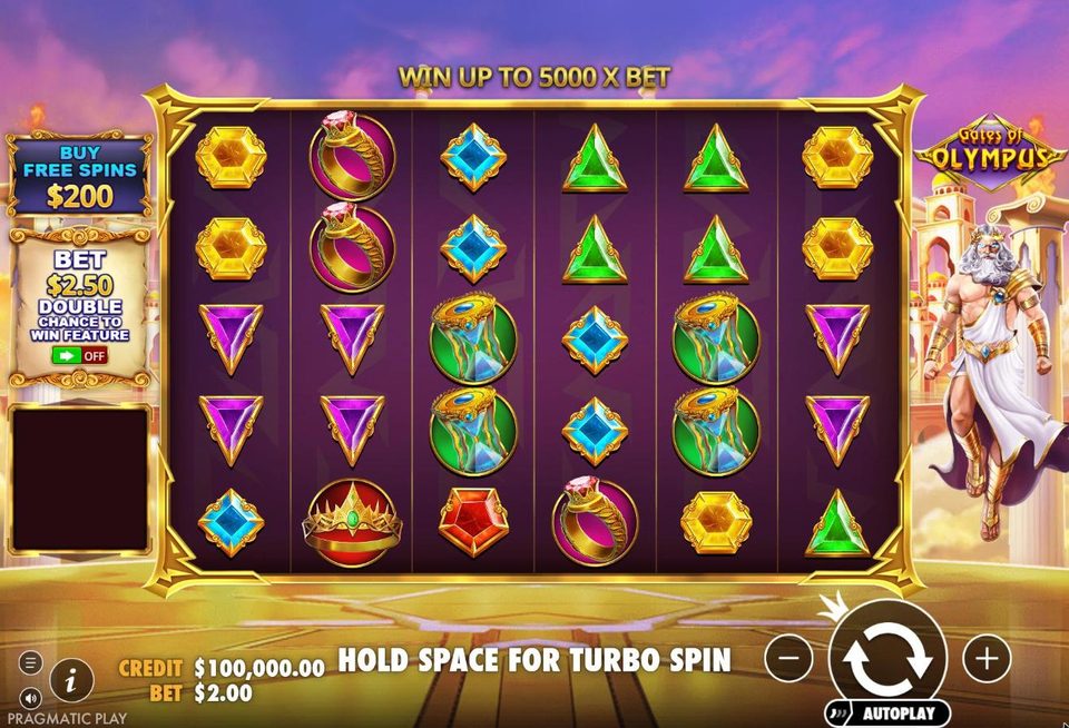 The Gates of Olympus base game on desktop: the 6 by 5 grid in a gold frame, a Buy Free Spins button for 200 dollars and an ante bet switch on the left, Zeus on the right and a 2 dollar bet at the bottom.