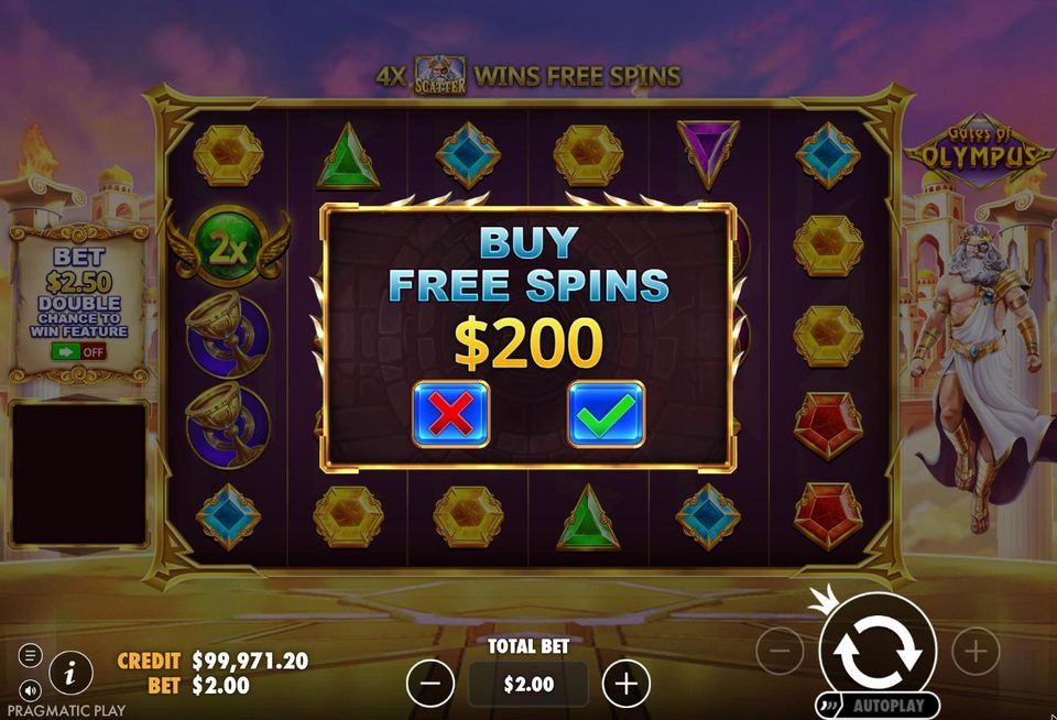 The Gates of Olympus buy free spins confirmation window asking to buy the feature for 200 dollars at a 2 dollar bet.