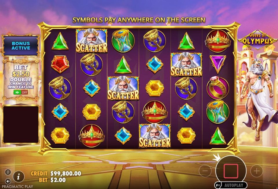 Four Zeus scatter symbols highlighted on the Gates of Olympus grid on the spin that triggers free spins.