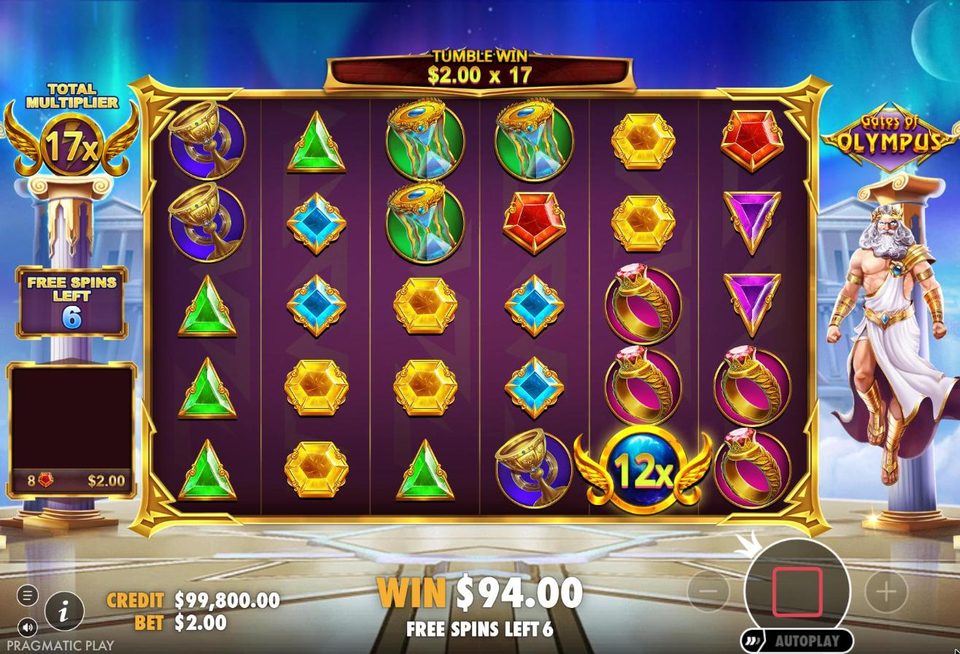Later in the Gates of Olympus free spins round the total multiplier on the left reads 17x and a 12x orb is on the grid.
