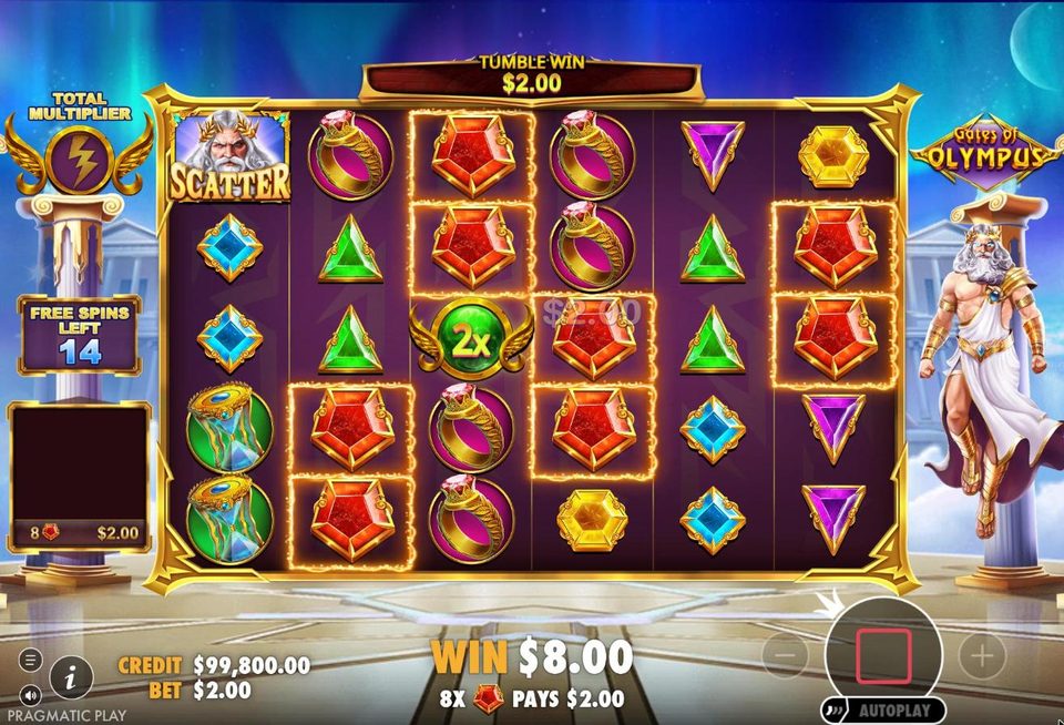 A 2x multiplier orb on the grid during Gates of Olympus free spins, with eight red gems forming a win.