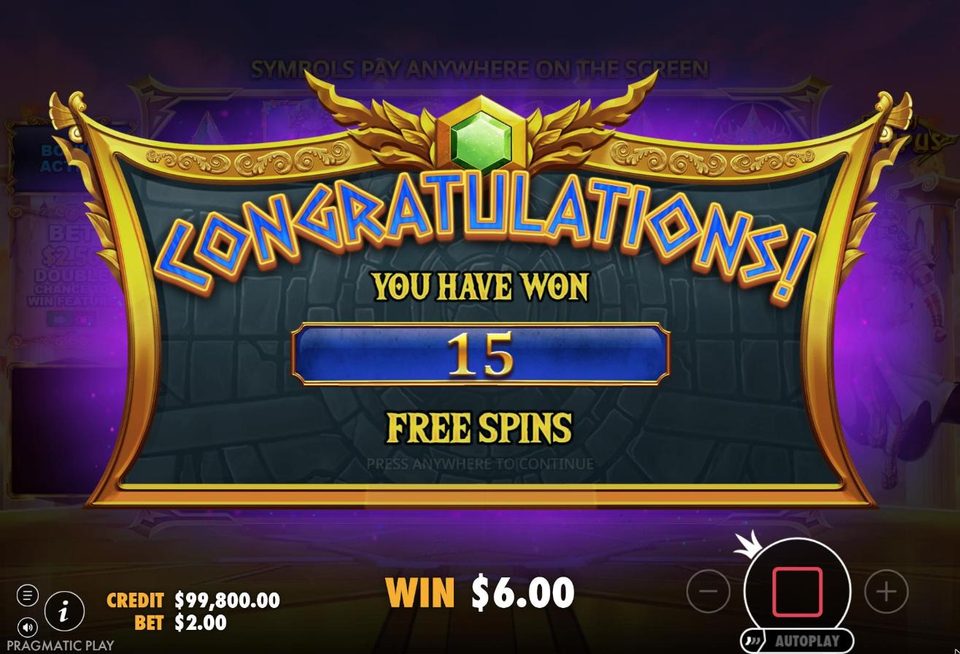 The Gates of Olympus free spins award screen announcing 15 free spins.