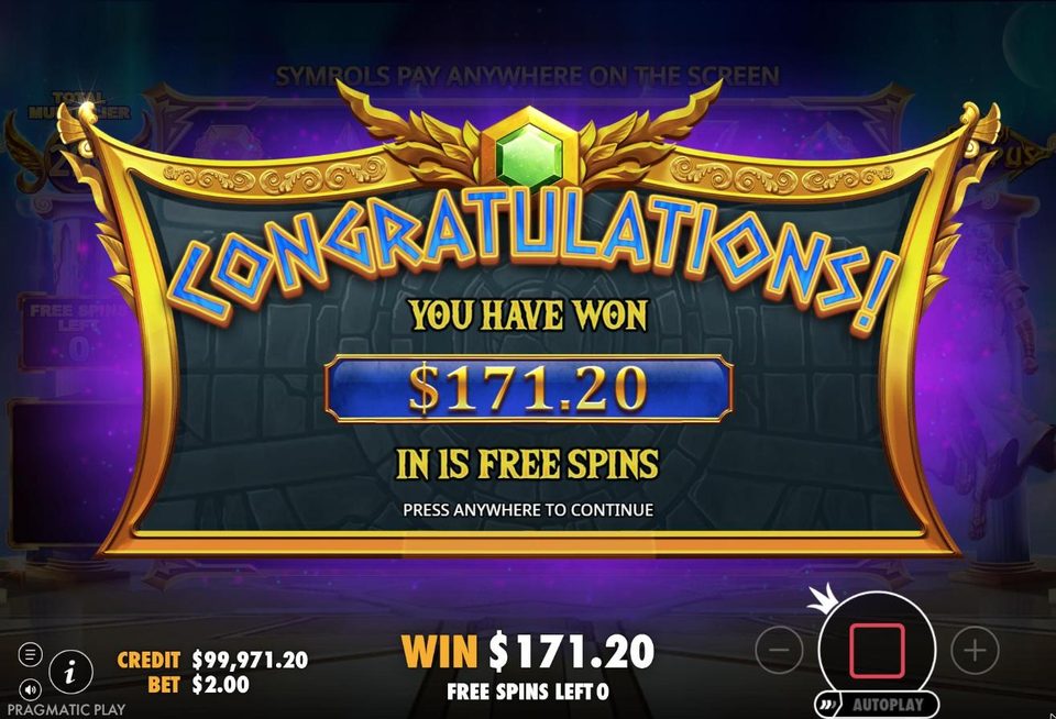 Gates of Olympus end screen: 171.20 dollars won in 15 free spins.