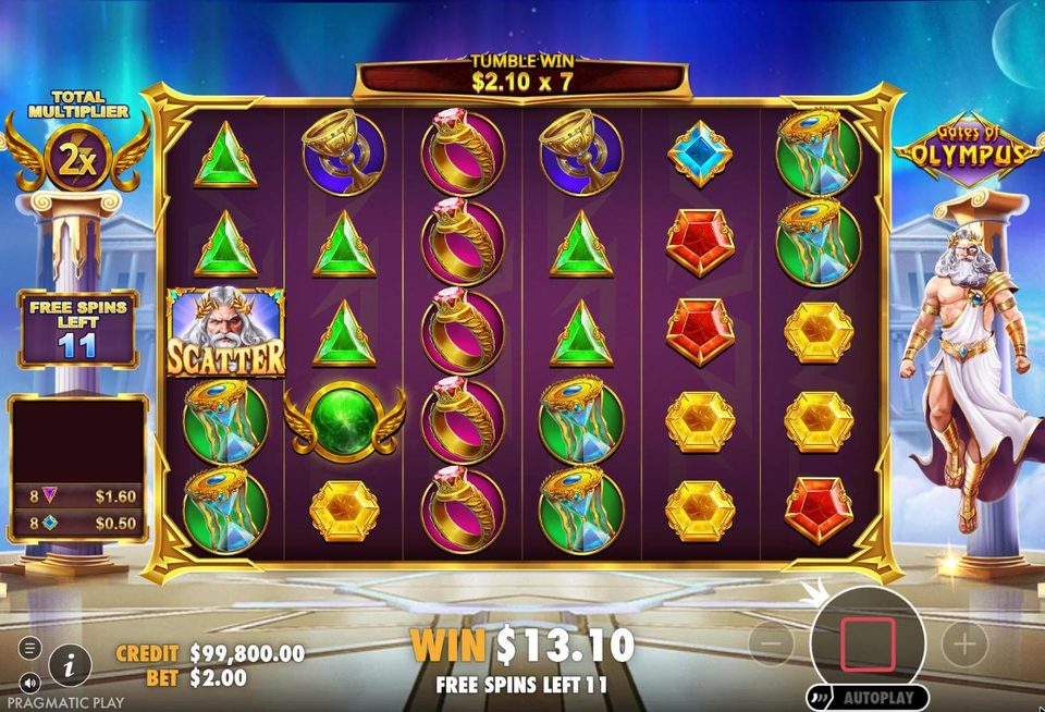 Gates of Olympus free spins: a 5x orb lands and the banner reads tumble win 2.10 times 7, combining the 2x total with the new 5x.