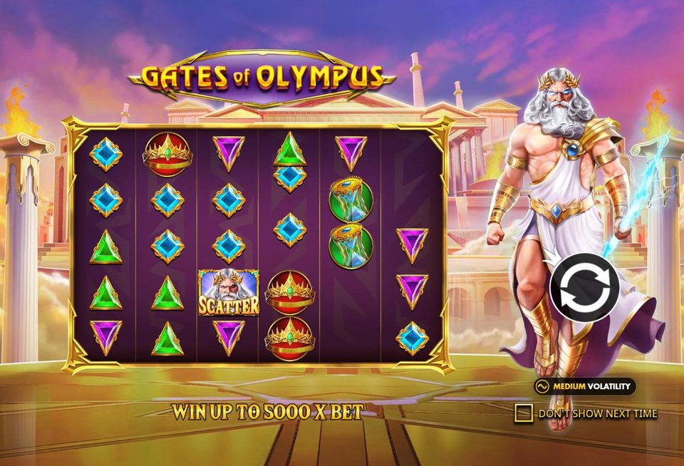 Gates of Olympus intro screen: Zeus stands to the right of a 6 by 5 grid of crowns, gems and winged multiplier orbs in front of a cloud temple, with a medium volatility badge.