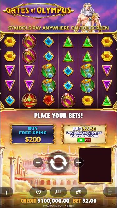 The Gates of Olympus base game on a phone: Zeus and the logo above the grid, buy free spins and ante buttons below it.