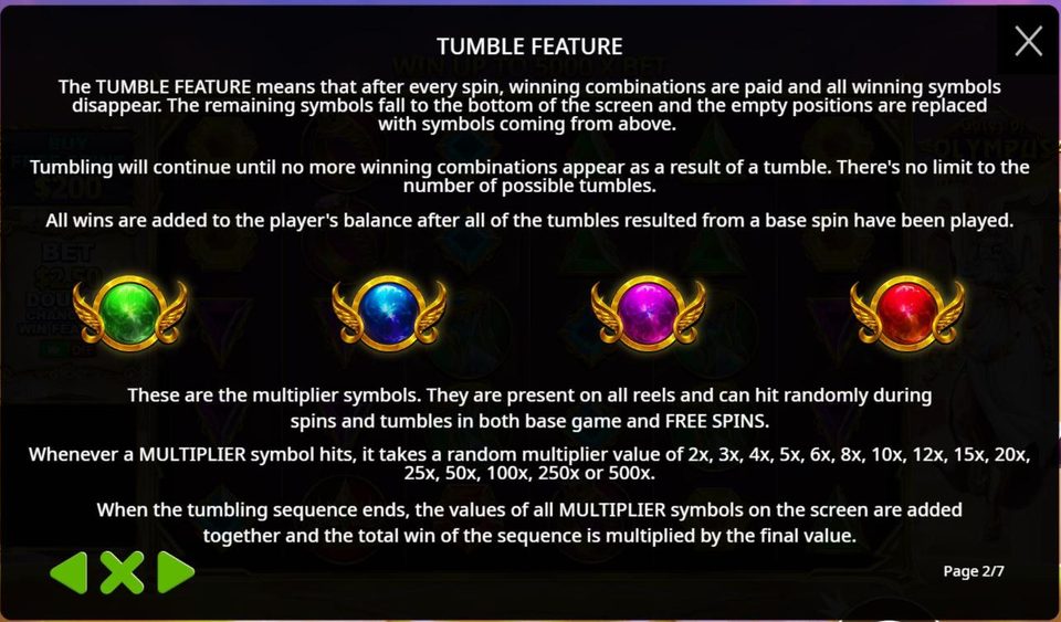 The tumble feature page of the Gates of Olympus rules, showing the green, blue, purple and red winged multiplier orbs and the list of values from 2x to 500x.