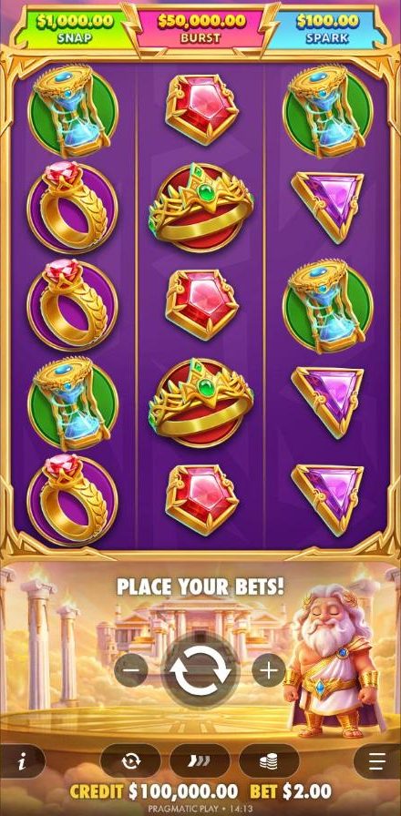 The Gates of Olympus POP base game: a 3 by 5 grid of hourglasses, rings, crowns, red gems and purple gems under the Snap, Burst and Spark jackpot bar, with chibi Zeus beside the spin button and a 2 dollar bet at the bottom.