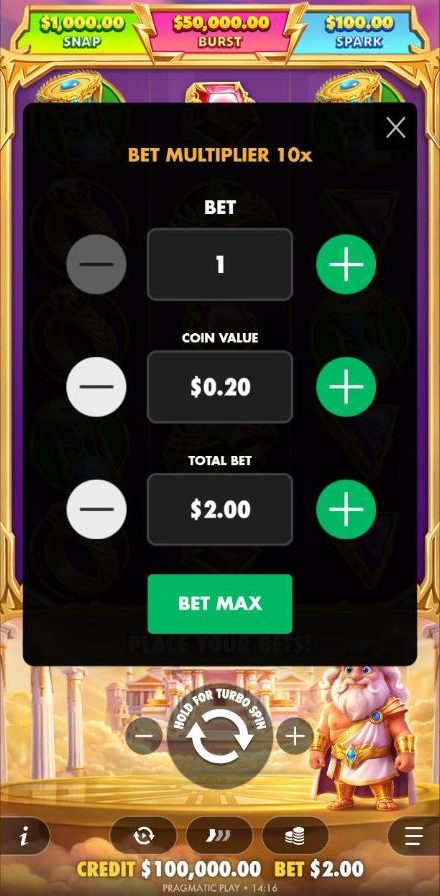 The Gates of Olympus POP bet menu: bet multiplier 10x, bet 1, coin value 0.20 dollars, total bet 2.00 dollars and a Bet Max button.