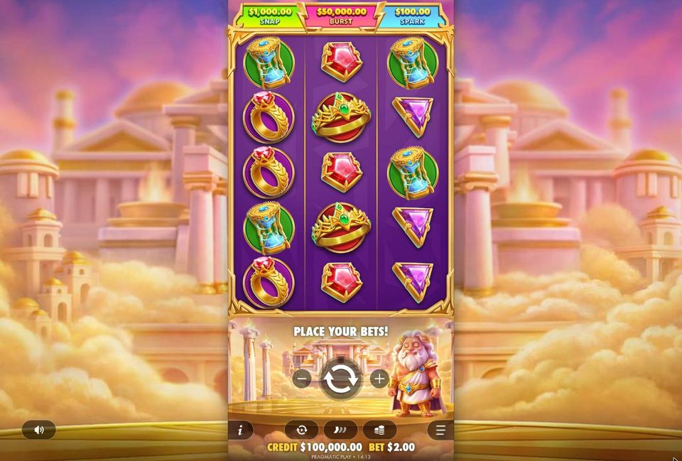 Gates of Olympus POP in a desktop browser window: the portrait 3 by 5 game in the middle with its jackpot bar, surrounded by clouds and golden temples.