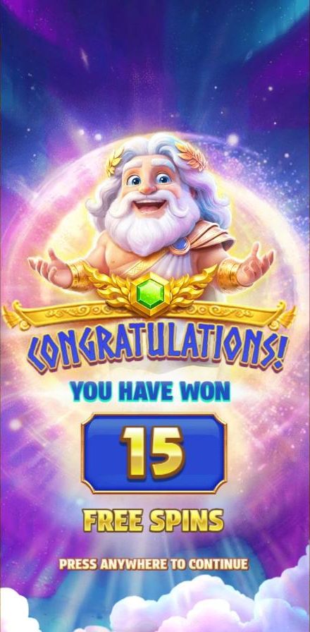 The Gates of Olympus POP award screen: chibi Zeus with open arms above the words Congratulations, you have won 15 free spins, against a purple and green aurora sky.