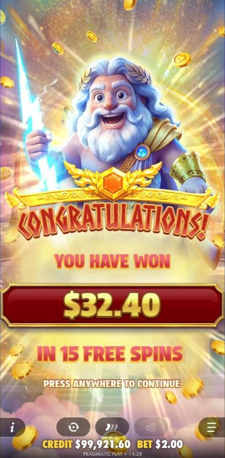 The Gates of Olympus POP end screen: chibi Zeus holding a lightning bolt above the words Congratulations, you have won 32.40 dollars in 15 free spins.