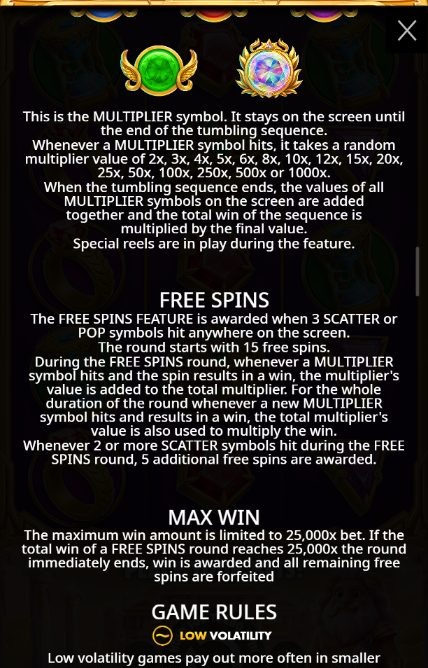 A Gates of Olympus POP rules page showing the green and crystal multiplier orbs, the values from 2x to 1,000x, the free spins rules with 15 spins and 5 more for 2 or more scatters, and the 25,000x max win.