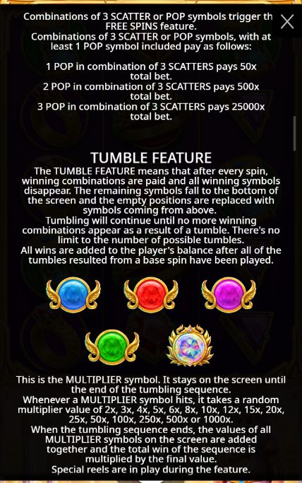 A Gates of Olympus POP rules page: 1, 2 or 3 POP symbols in a combination of 3 pay 50x, 500x or 25,000x the total bet, followed by the tumble feature and the blue, red, purple, green and crystal multiplier orbs.
