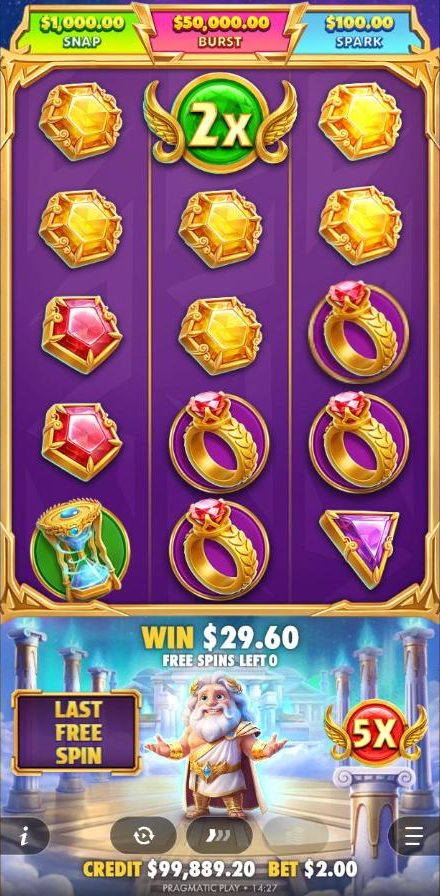 The last free spin of Gates of Olympus POP: a green 2x orb at the top of the grid, a 5x total multiplier in the winged holder to the right of Zeus and 29.60 dollars won so far.