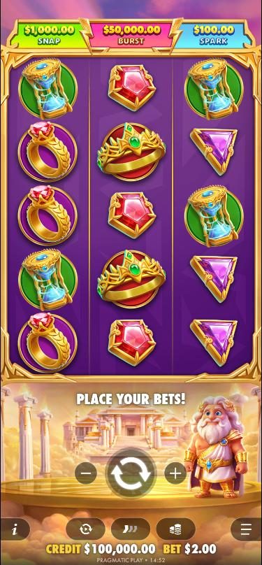 The Gates of Olympus POP base game on a phone: the jackpot bar at the top, the 3 by 5 grid in the middle and Zeus with the spin controls at the bottom fill the whole screen.