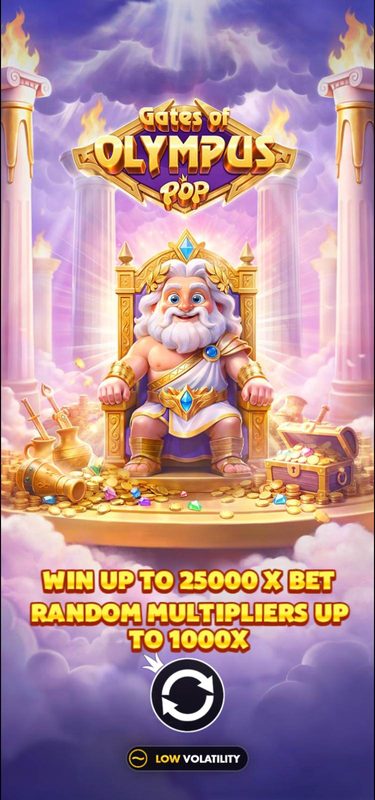 The Gates of Olympus POP intro screen on a phone: chibi Zeus on his throne fills the screen above the 25,000x and 1,000x lines and a low volatility badge.