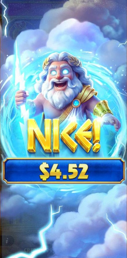 A Nice! win screen in Gates of Olympus POP: chibi Zeus with glowing eyes and a lightning bolt in a storm cloud above a 4.52 dollar win.