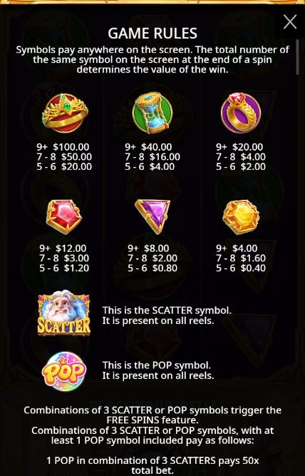 The first page of the Gates of Olympus POP rules at a 2 dollar bet: pays for 5 to 6, 7 to 8 and 9 or more of the crown, hourglass, ring, red gem, purple gem and yellow gem, followed by the Zeus scatter and the rainbow POP symbol, both present on all reels.
