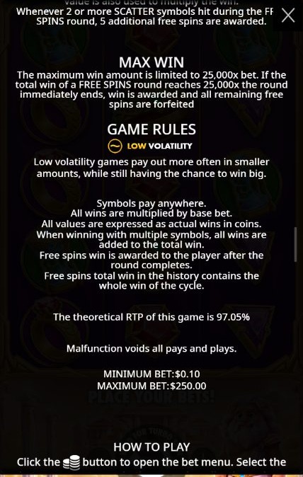 A Gates of Olympus POP rules page with the 25,000x max win rule, a low volatility badge, a theoretical RTP of 97.05 percent and a minimum bet of 0.10 dollars and maximum of 250 dollars.