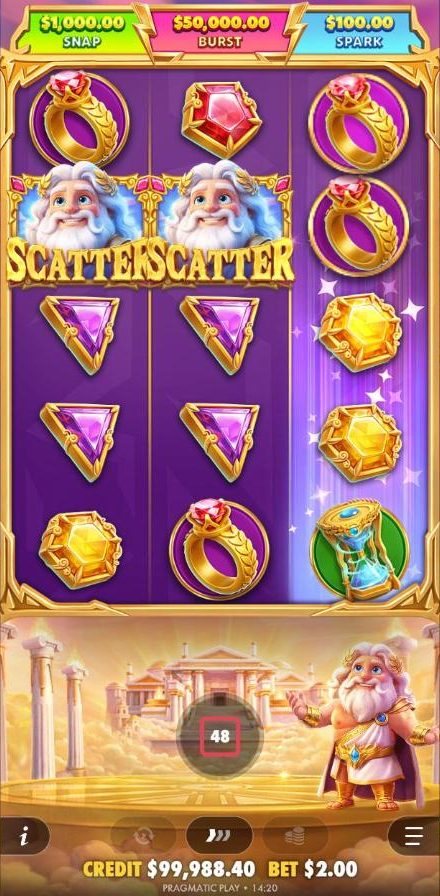 Gates of Olympus POP base game with two Zeus scatter symbols side by side on the first two reels while the third reel glows with purple light as it spins.