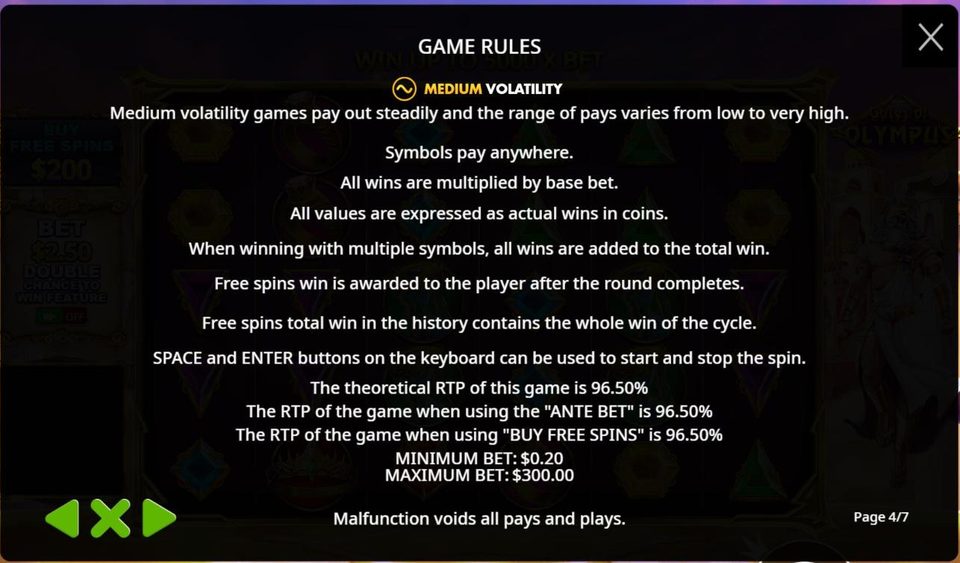 The Gates of Olympus rules page with the medium volatility rating, a theoretical RTP of 96.50 percent for the game, the ante bet and the bonus buy, and a minimum bet of 0.20 and maximum of 300.