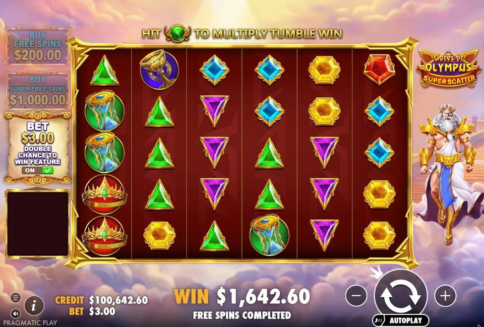 Gates of Olympus Super Scatter with the ante switch on: the bet panel shows 3 dollars and both buy buttons, 200 and 1,000 dollars, are faded out.