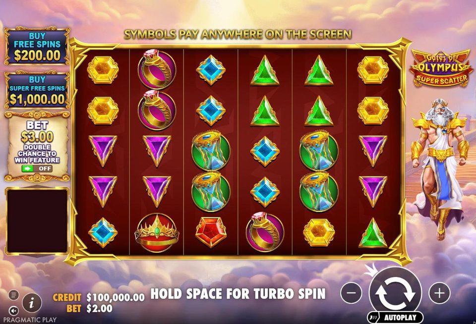 The Gates of Olympus Super Scatter demo on desktop with 100,000 dollars of virtual credit, Buy Free Spins for 200 dollars, Buy Super Free Spins for 1,000 dollars and a 3 dollar ante bet button.