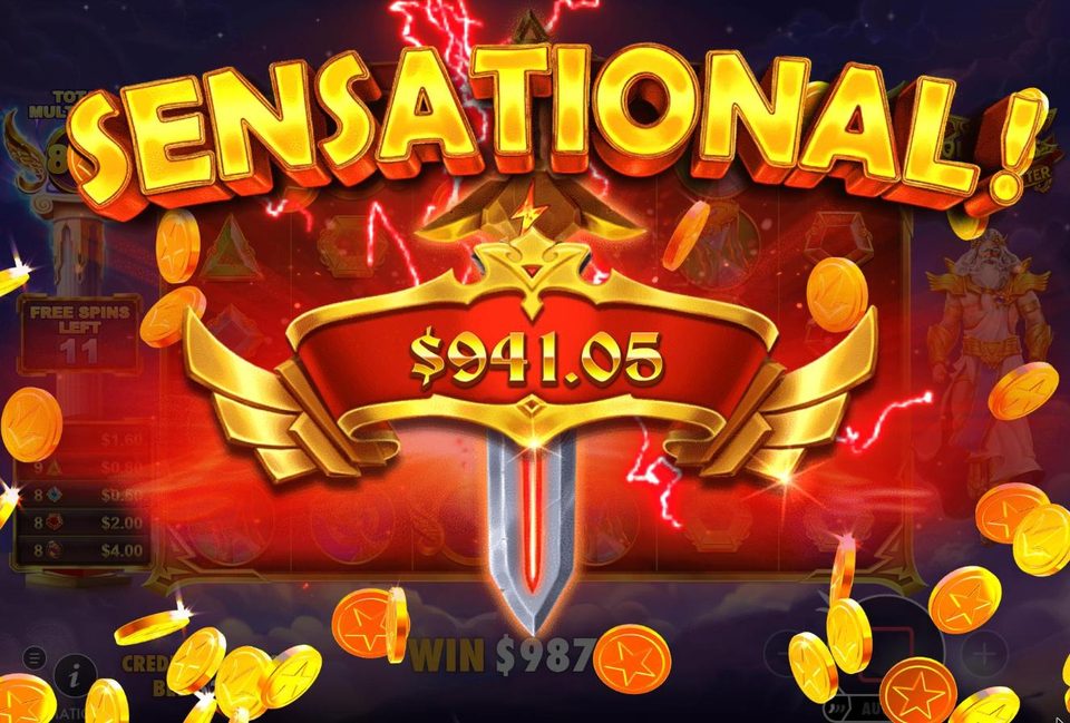 A Sensational big win pop-up: a winged sword banner showing 941.05 dollars, surrounded by gold coins and red lightning, with 11 free spins left visible behind it.