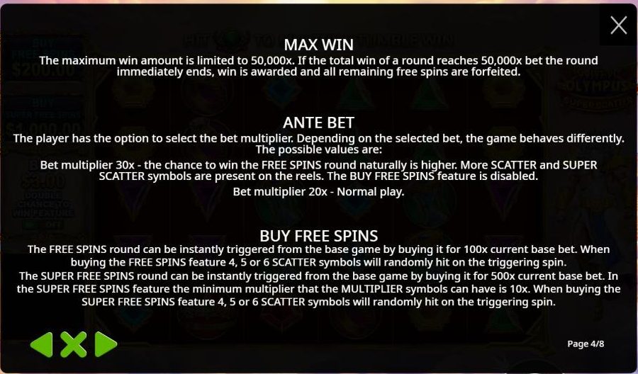 Page 4 of the rules: the 50,000x max win, the ante bet with a 30x bet multiplier instead of the normal 20x, and the two buys, Free Spins for 100x and Super Free Spins for 500x the base bet with a minimum multiplier of 10x.